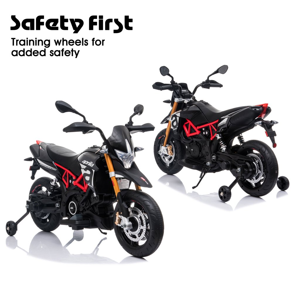 Kid's Electric Motorcycle with Training Wheels, LED Lights, and MP3 Player - Black (12V)