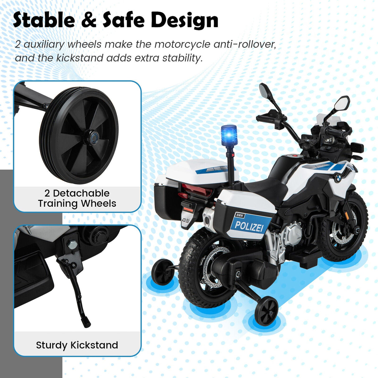 Licensed BMW Dirt Bike Police Motorcycle for Kids - 12V, White with Light & Music