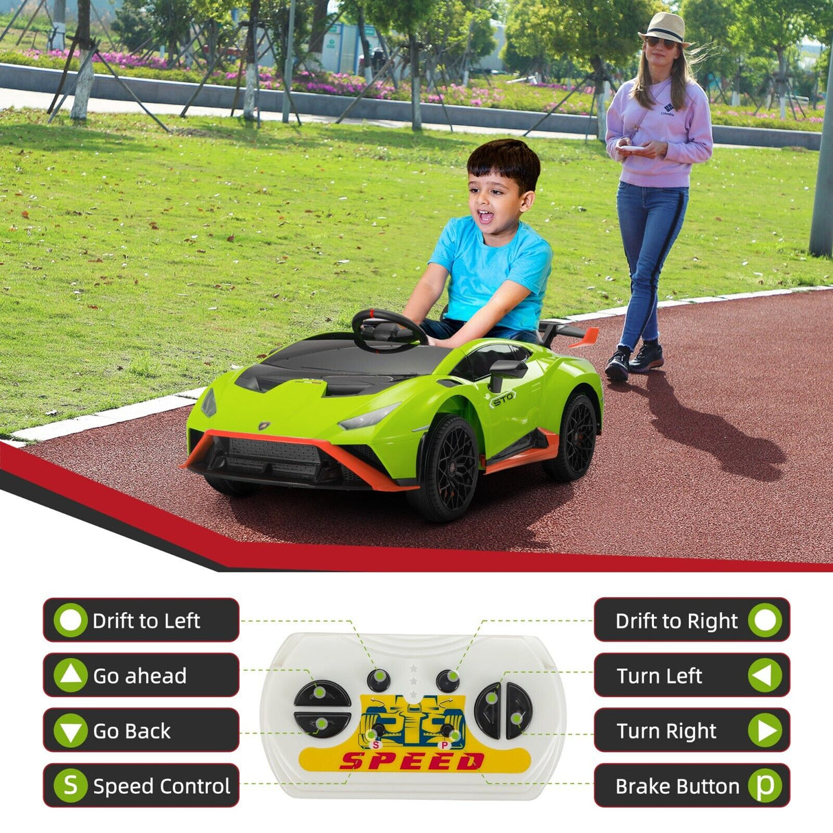 Licensed Lamborghini STO Ride On Car for Kids - 12V Battery Powered, Green