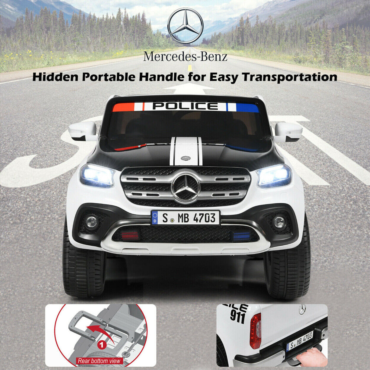 Licensed Mercedes Benz X Class 2-Seater Kids Ride On Police Car with Trunk - 12V RC Toy
