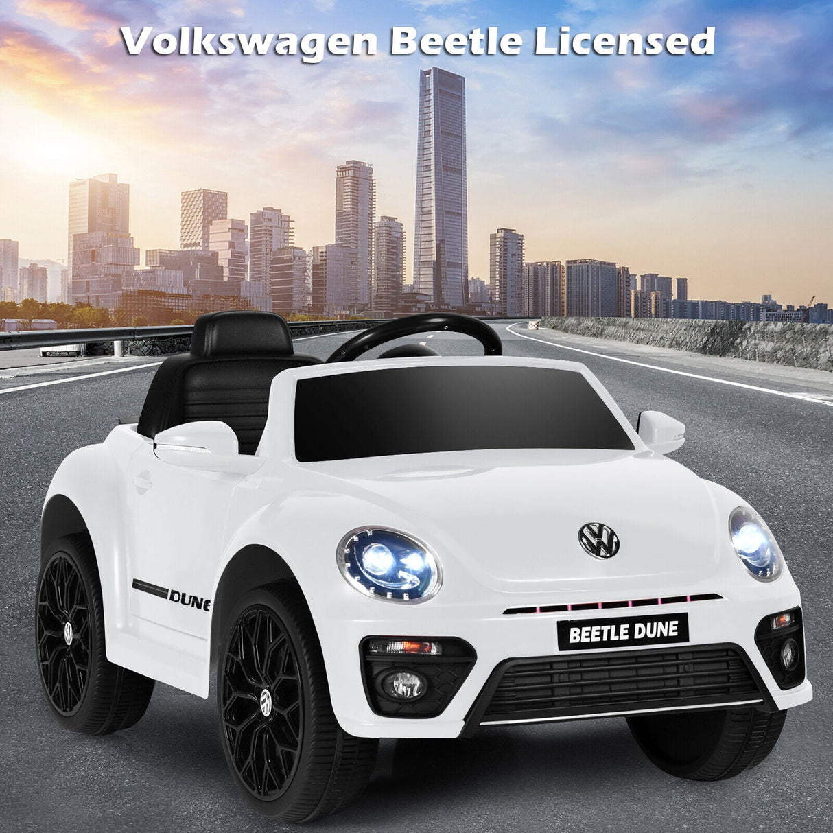 Licensed Volkswagen Beetle 12V Ride On Car for Kids with Remote Control and Music - White
