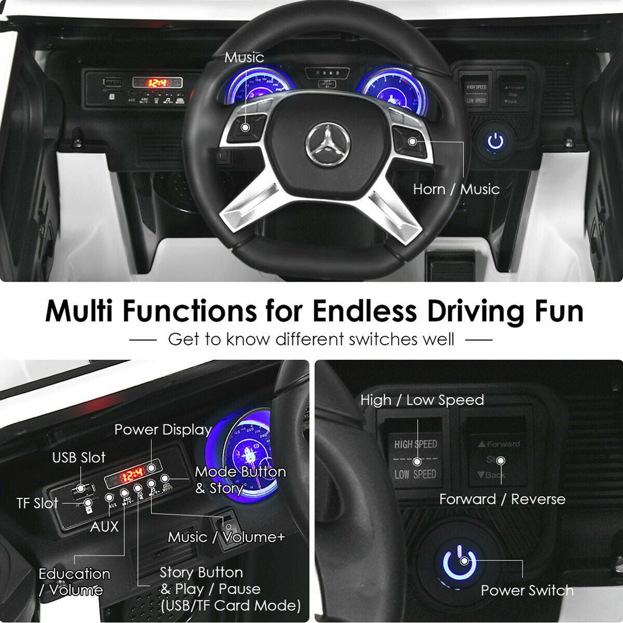 Mercedes-Benz Kids Ride On Car with RC Control and Trunk - 12V White