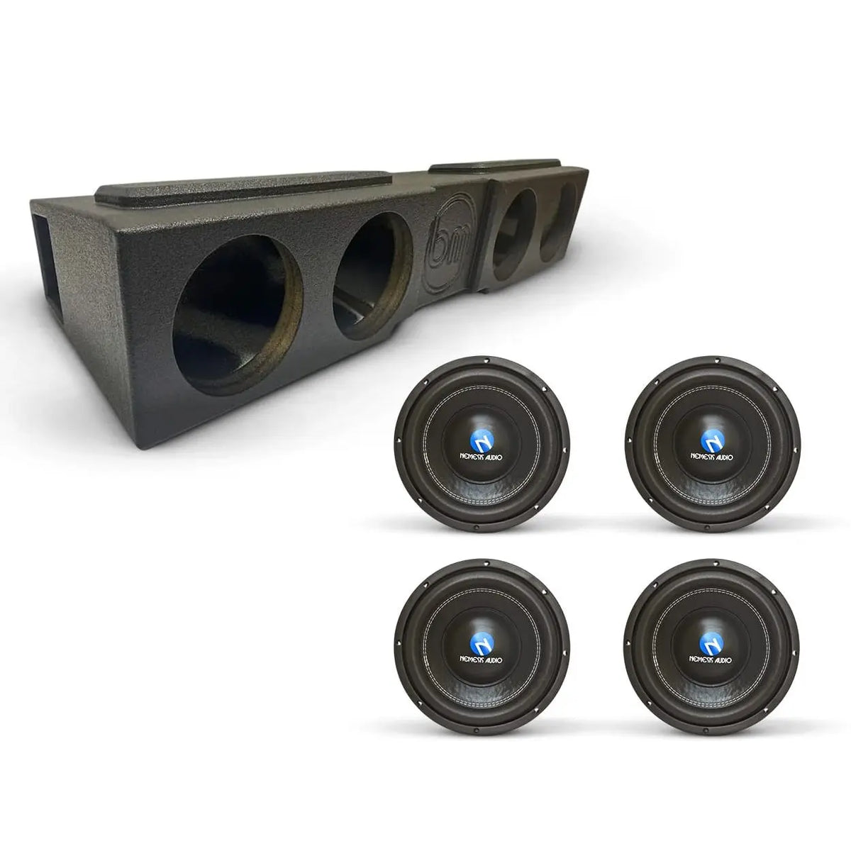(4) Nemesis Audio NA-8E v2 500W RMS & Chevy Crew Cab 07-13 & 19-26 Quad 8" Subwoofer Bass Combo