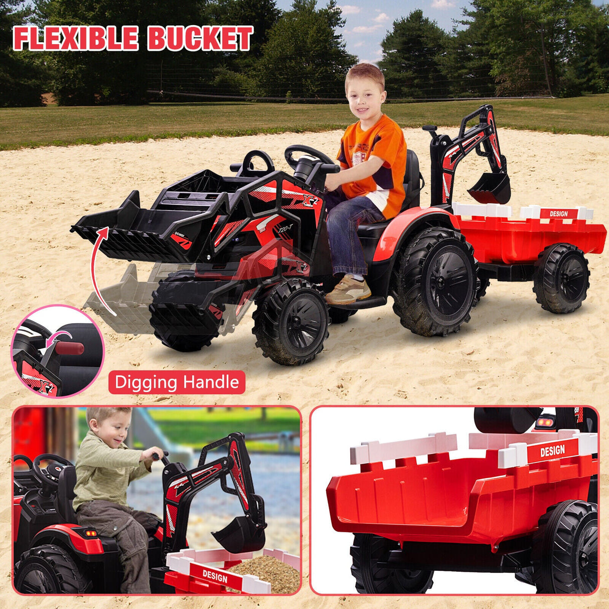 Outdoor Excavator and Bulldozer Ride-On Toy with Trailer and LED Lights for Kids