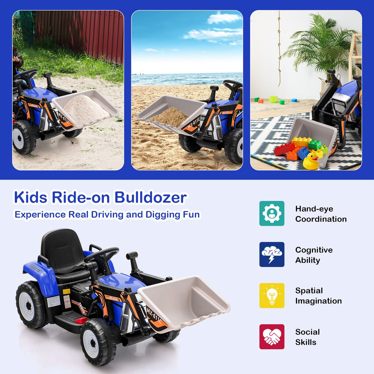 RC Electric Excavator Ride-On Toy Tractor for Kids with 2.4GHz Remote Control - 12V