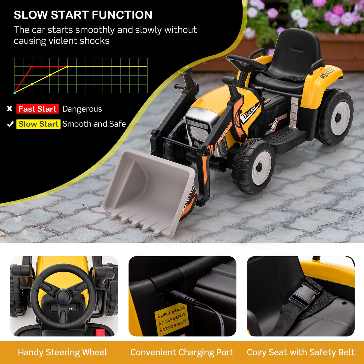 RC Electric Excavator Ride-On Toy Tractor for Kids with 2.4GHz Remote Control - 12V