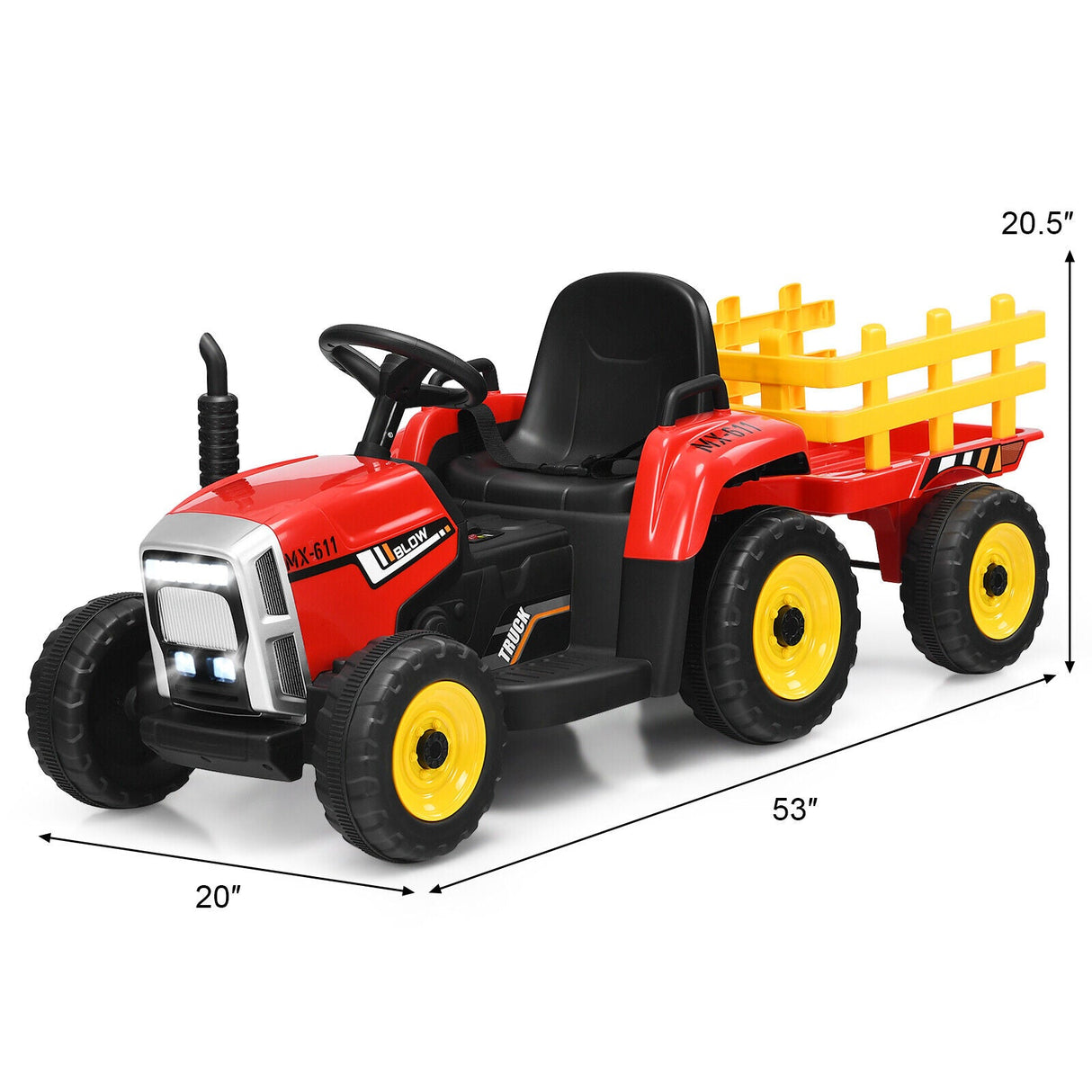 Red 12V Kids Ride On Tractor with Trailer, Remote Control, and LED Lights