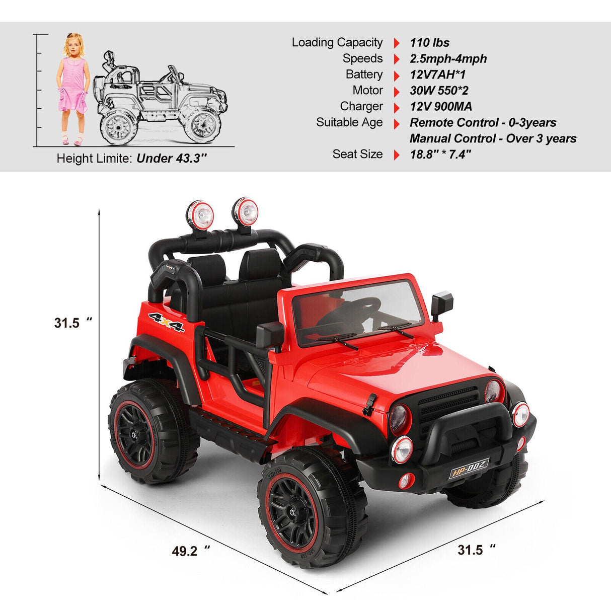 12V Red Kids Ride-On Truck with MP3, LED Lights, RC Control, and Cover