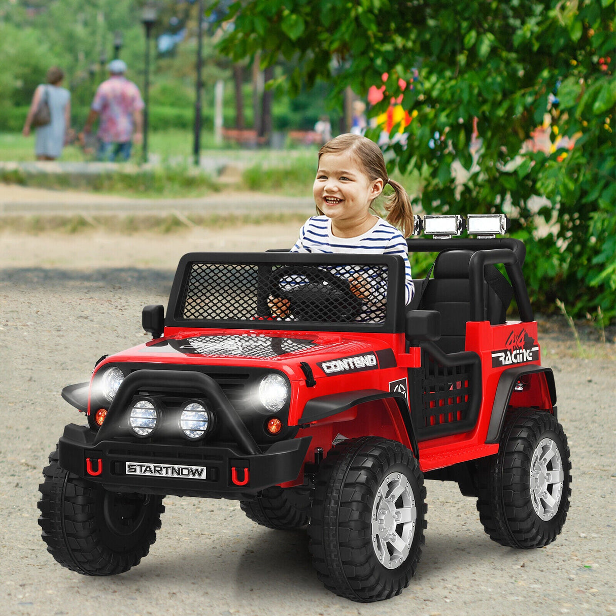 Red 12V Kids Ride On Truck with Remote Control, Lights, and Music