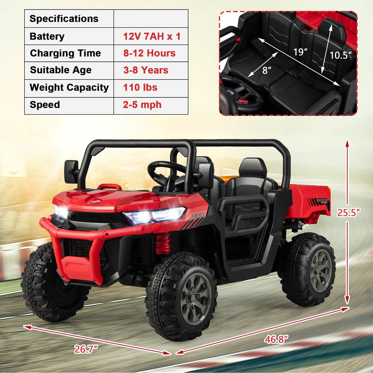 Red Ride-On Dump Truck with Dump Bed, Safety Belt, and Lockable Doors - 12V