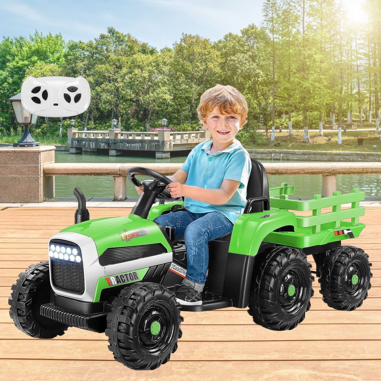 Remote Control Electric Tractor Car with Trailer for Kids - 12V Ride-On Toy