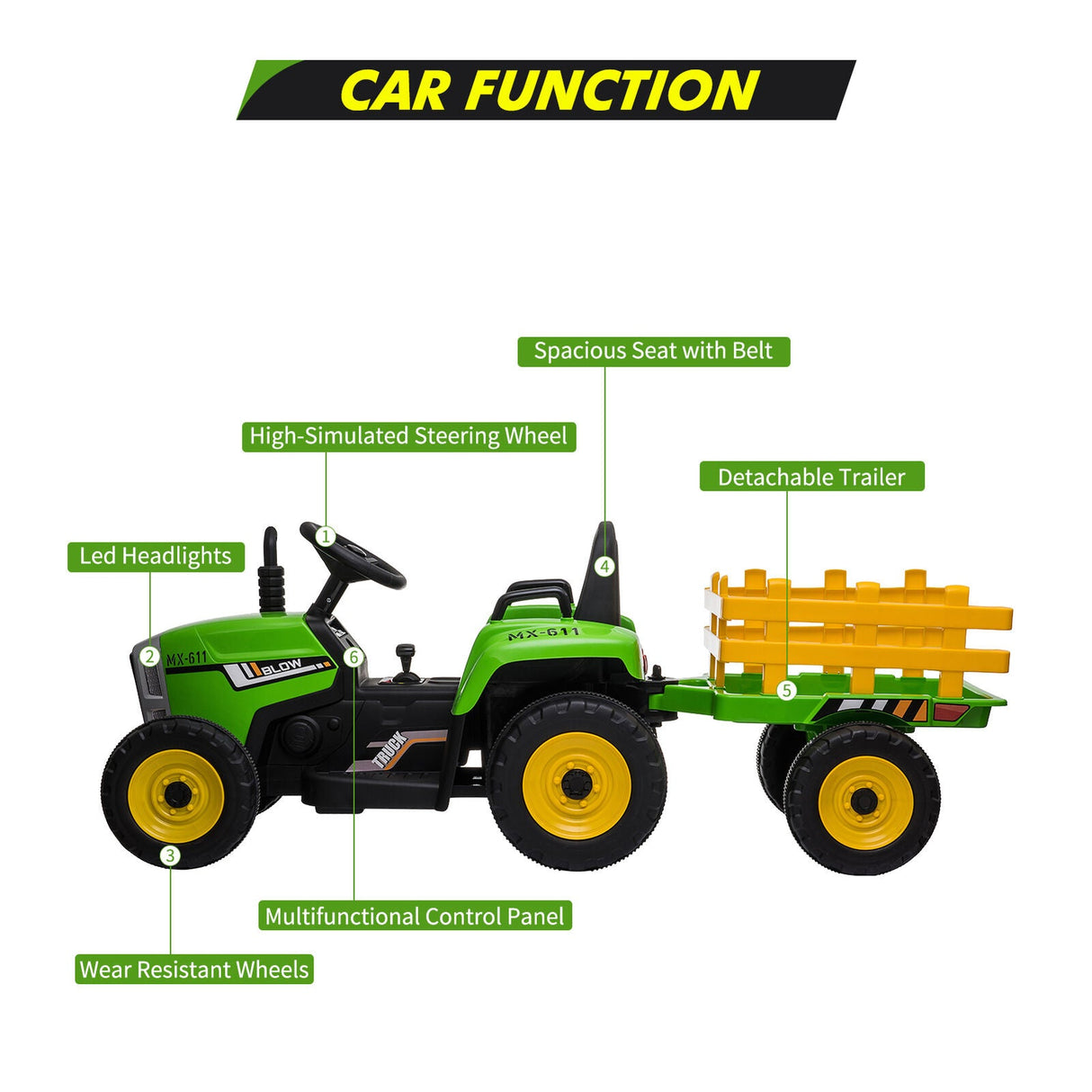 Remote Control Ride-On Tractor with Detachable Trailer for Kids - 12V Truck Toy