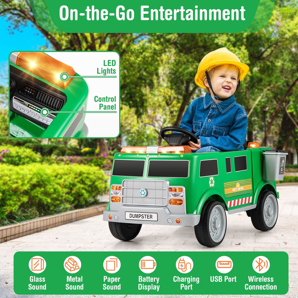 Ride-On Garbage Truck with Remote Control, Trash Bin, Shovel, Lights, and Sound Effects
