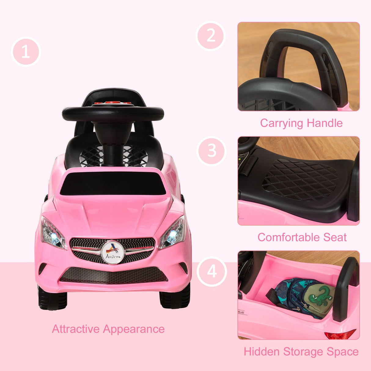 Red Baby Ride-On Sliding Car with Horn, Music, Lights, and Storage – No Power Needed