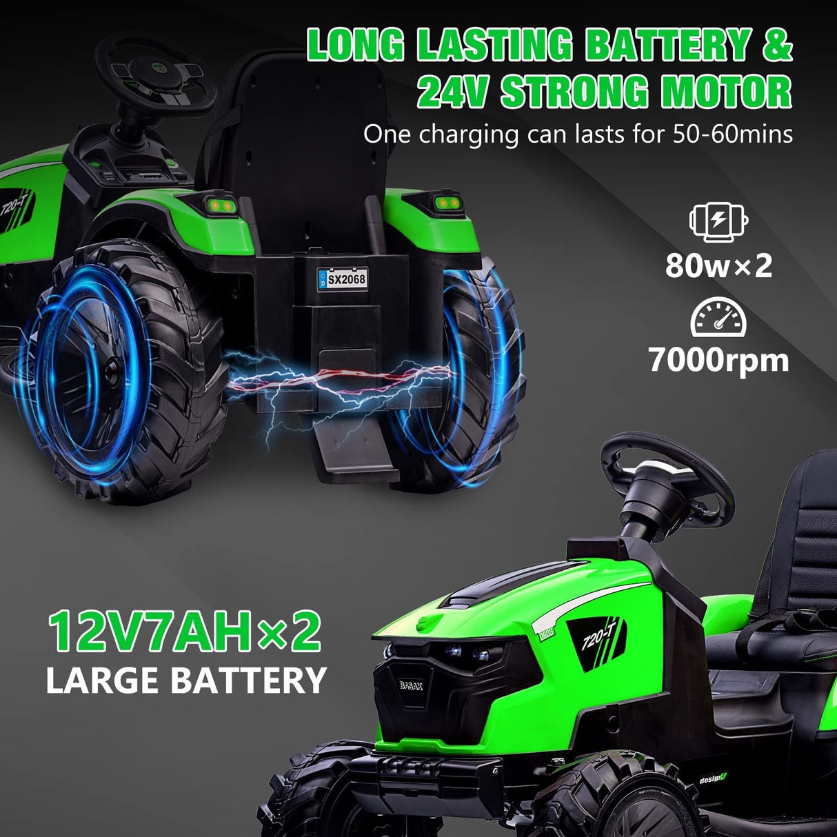 24V Electric Ride-On Tractor for Kids with Trailer, Excavator and Bulldozer Attachments