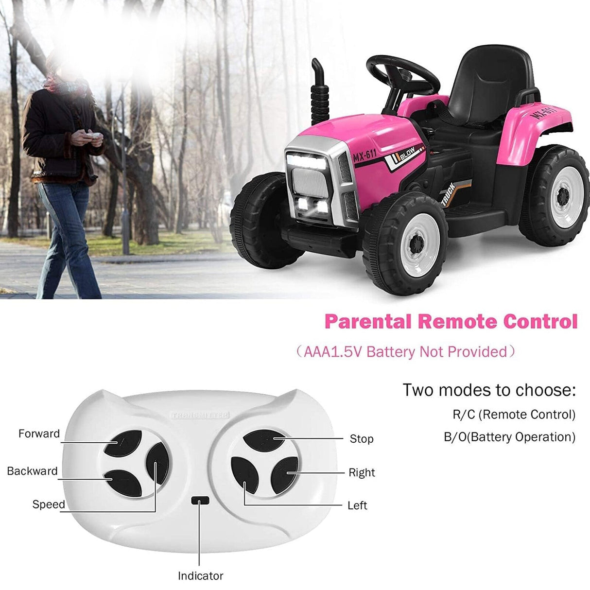 12V Battery-Powered Electric Ride-On Tractor Toy with Trailer and Remote Control