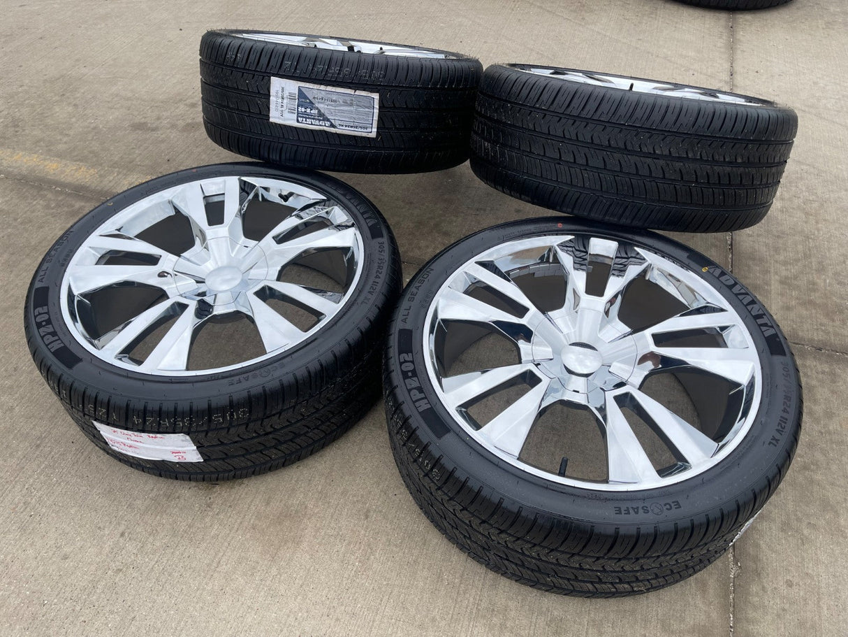 24" Chevy Silverado GMC OEM Replica Yukon Tahoe 5821 5620 wheels rims CHROME Texas Truck Tire