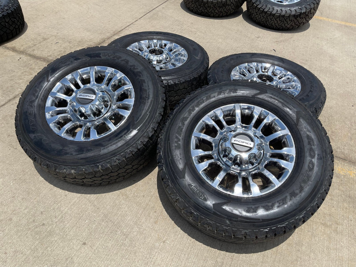 18" Ford F-250 F-350 OEM rims wheels 10290 chrome tires GOODYEAR WRANGLER A/T Texas Truck Tire