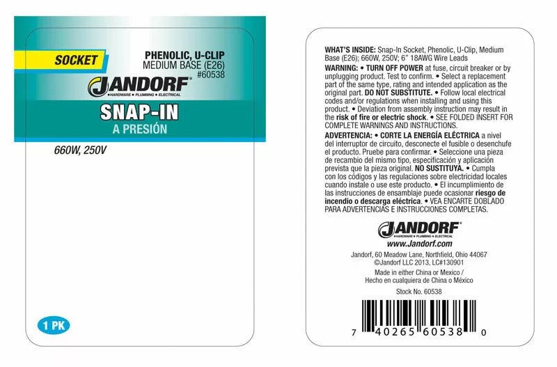 JANDORF Socket Snap In PHENOLIC U-CLIP Medium Base 60538 Jandorf