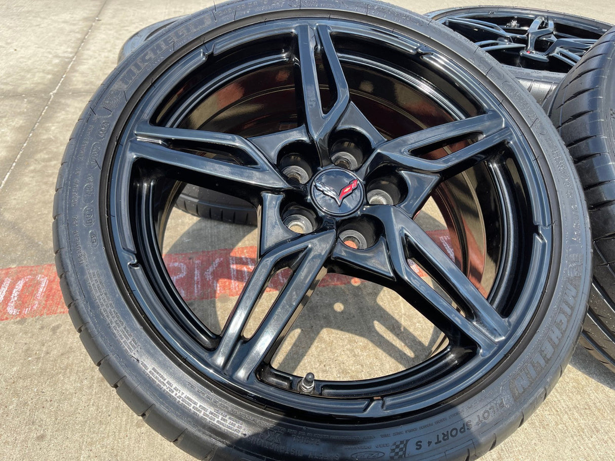 19" + 20" Chevy Corvette C8 OEM 14007 14008 wheels rims BLACK TPMS Texas Truck Tire