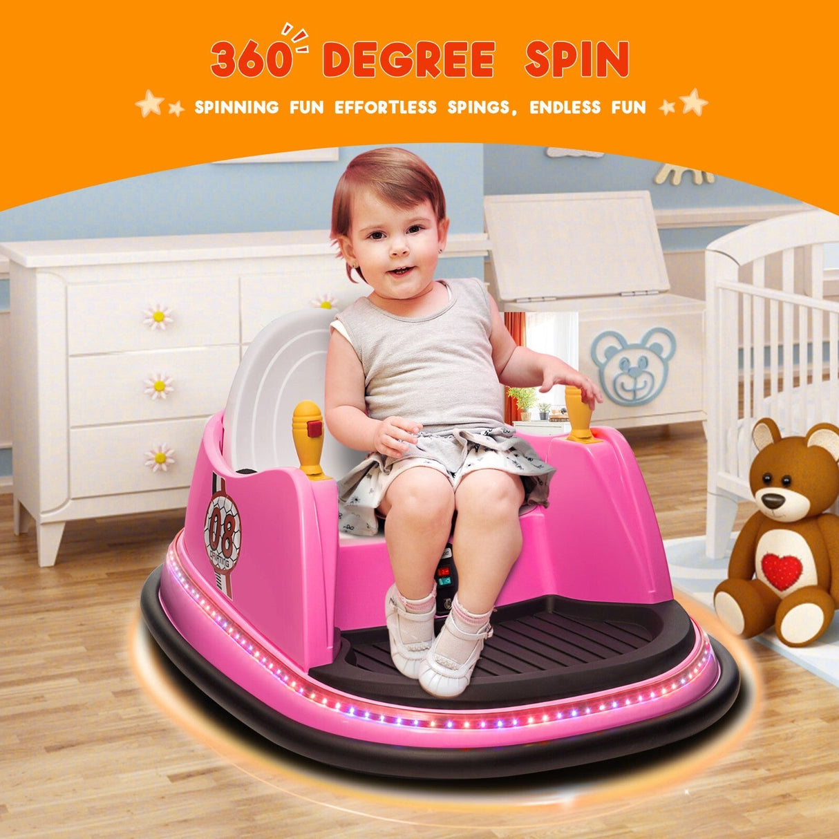 12V Kids Ride-On Bumper Car with Remote Control and 360° Spin Toddler Toy Pink