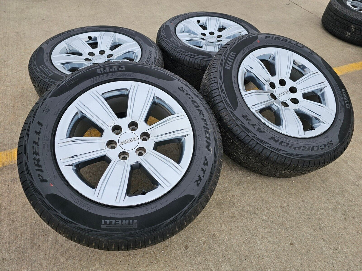 20" GMC Sierra Yukon DENALI OEM wheels rims 5752 chrome tires PIRELLI A/T Texas Truck Tire