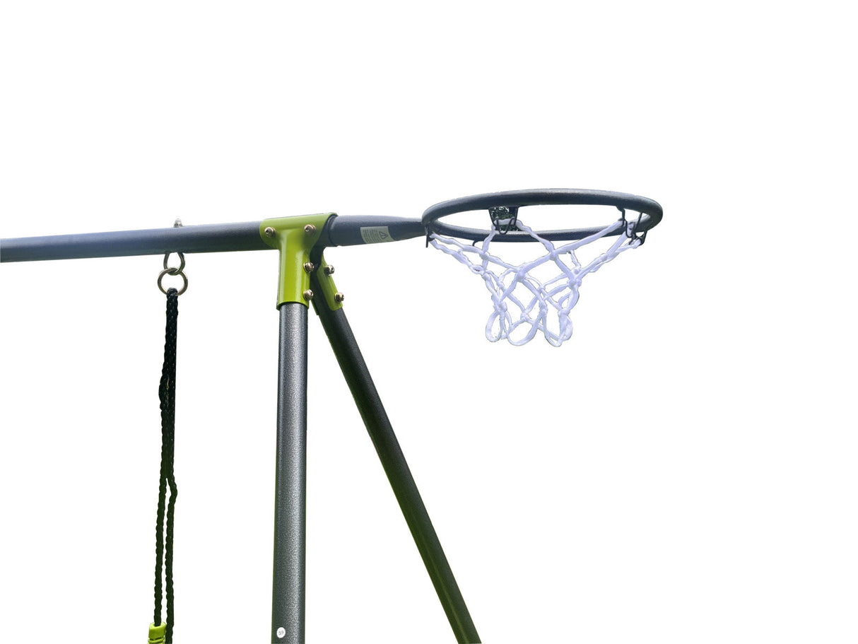 Six-Function Green and Blue Metal and Plastic Swingset with Net Swing
