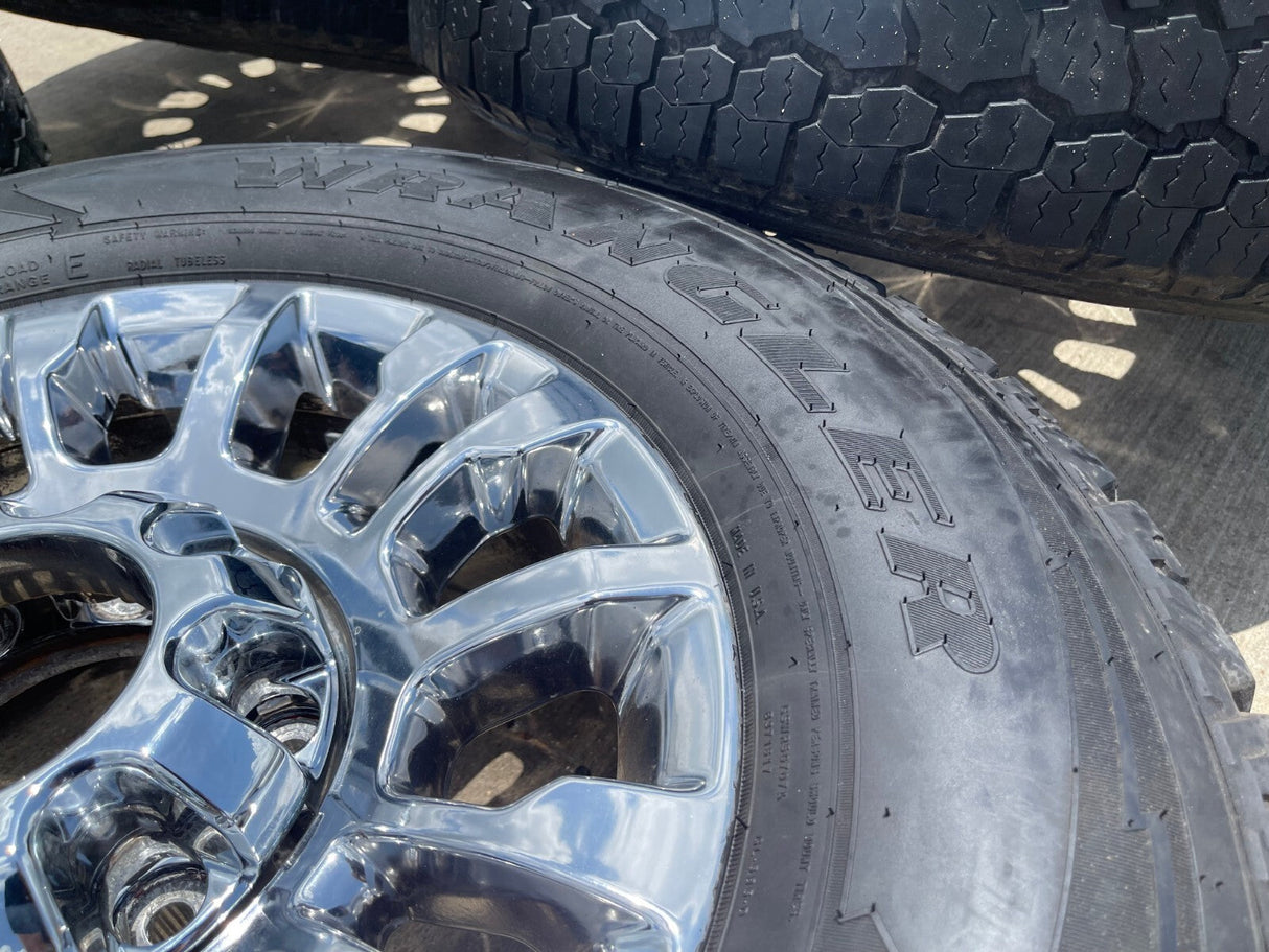 18" Ford F-250 F-350 OEM rims wheels 10290 chrome tires GOODYEAR WRANGLER A/T Texas Truck Tire