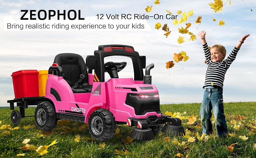 12V Kids Ride-On Construction Sweeper Truck with Trailer and Rubbish Bin Toy Car