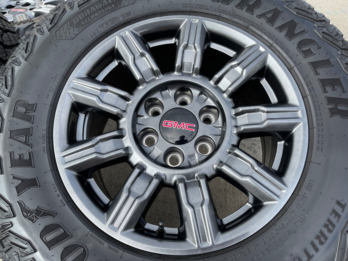 18" GMC Sierra AT4X Chevy Silverado OEM 14131 wheels rims 2025 2026 GOODYEAR M/T Texas Truck Tire