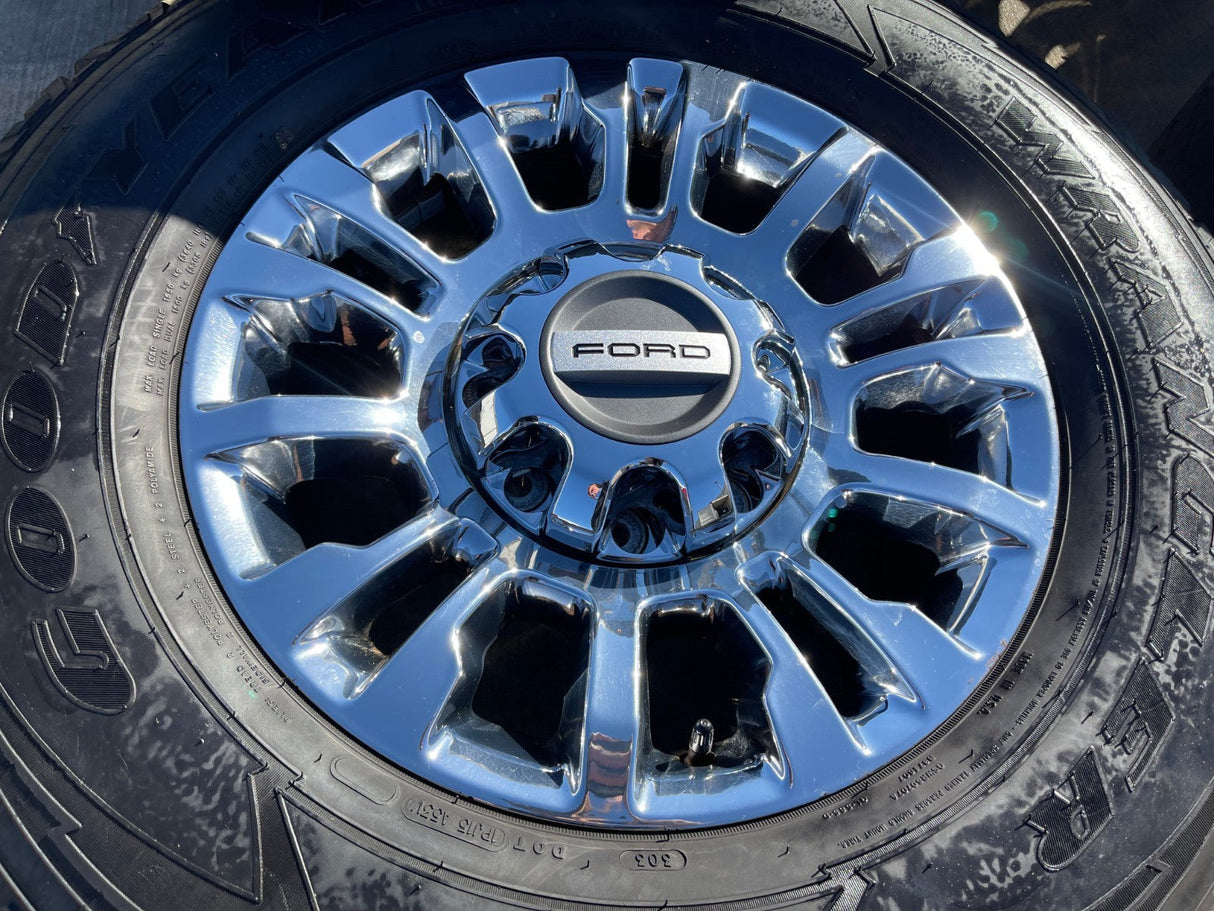 18" Ford F-250 F-350 OEM rims wheels 10290 chrome tires GOODYEAR WORKHORSE A/T Texas Truck Tire