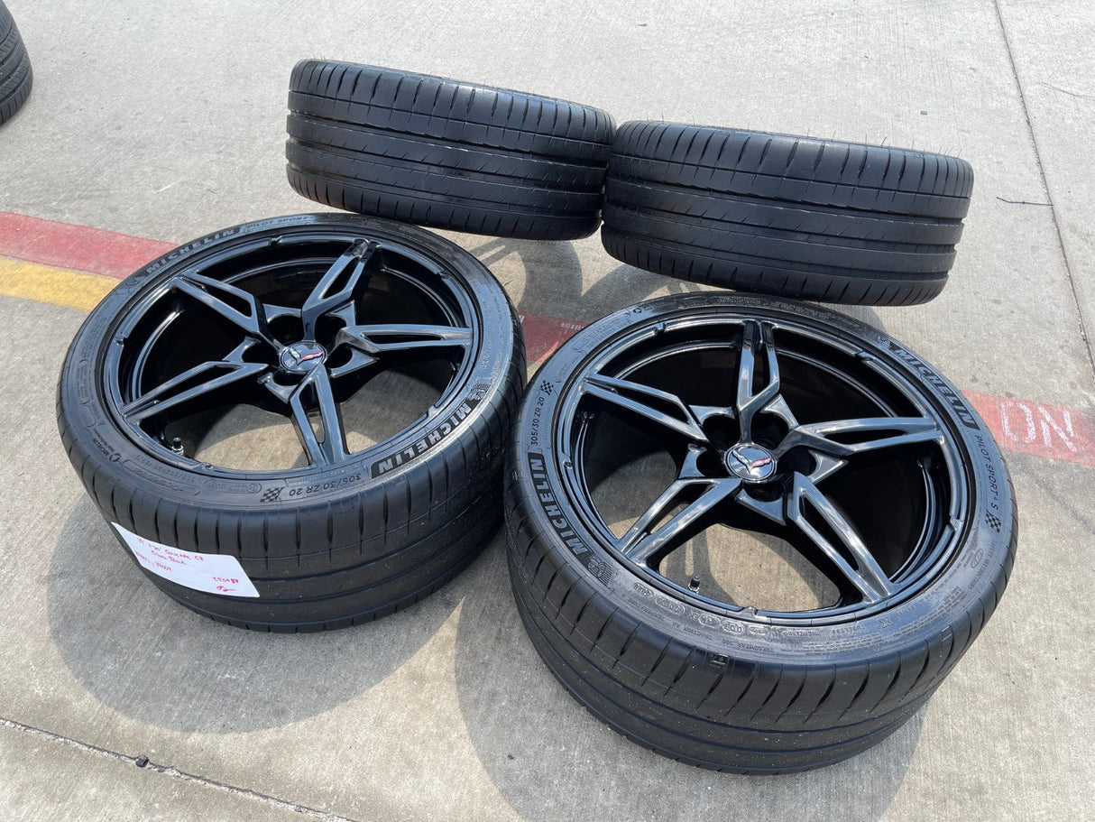 19" + 20" Chevy Corvette C8 OEM 14007 14008 wheels rims BLACK TPMS Texas Truck Tire