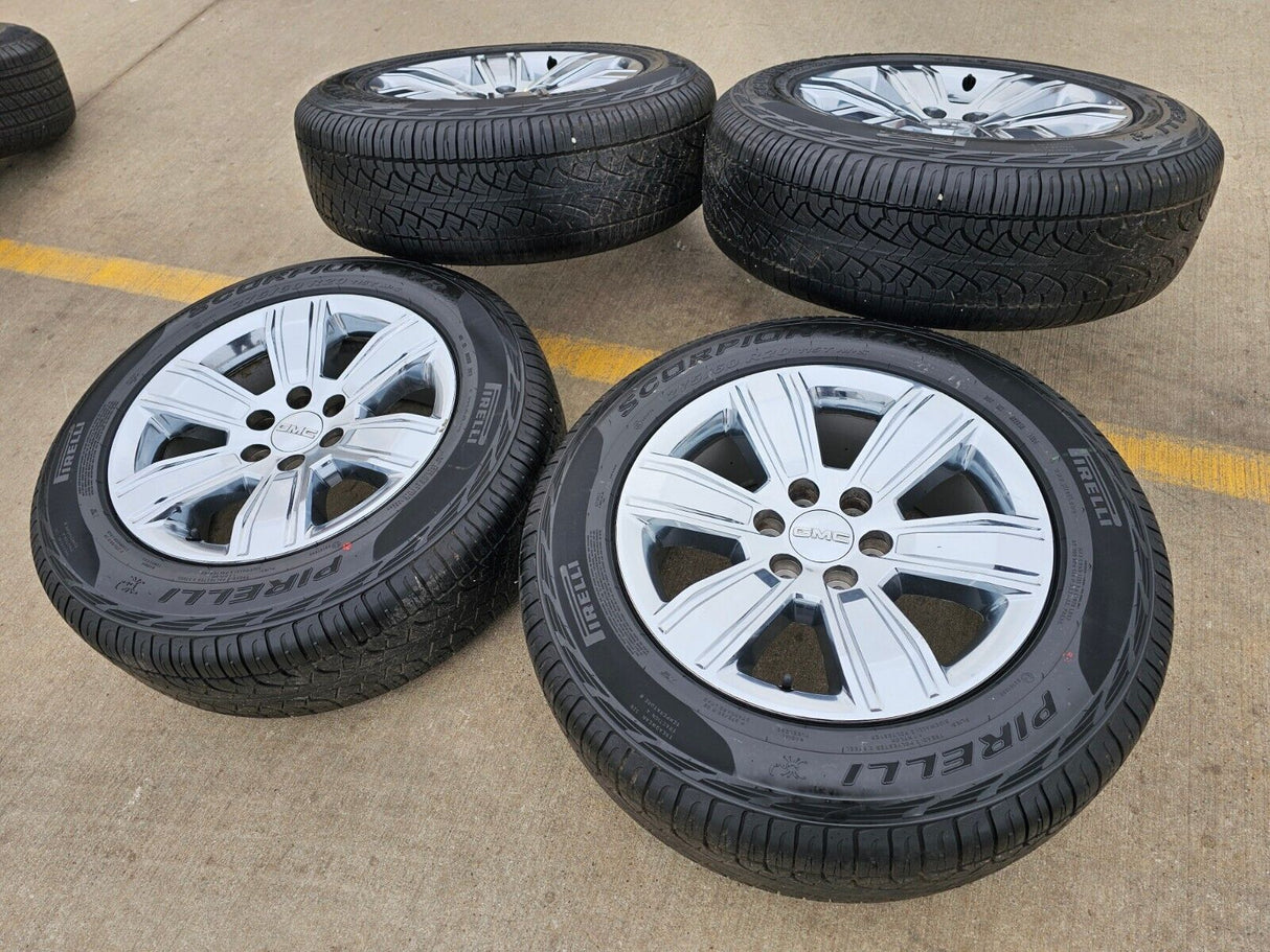 20" GMC Sierra Yukon DENALI OEM wheels rims 5752 chrome tires PIRELLI A/T Texas Truck Tire