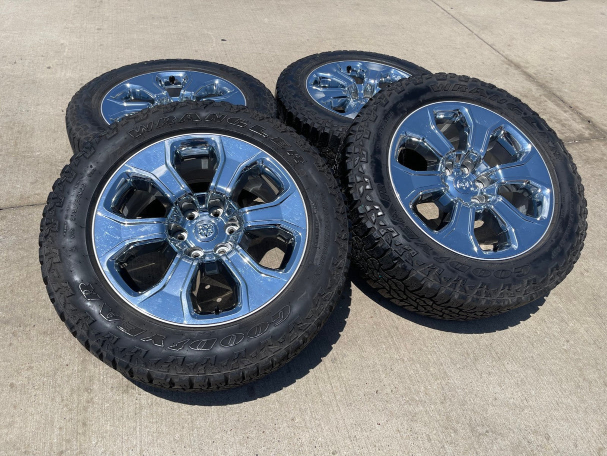 20" Dodge Ram 1500 OEM Laramie CHROME 2679 wheels rims tires GOODYEAR A/T Texas Truck Tire