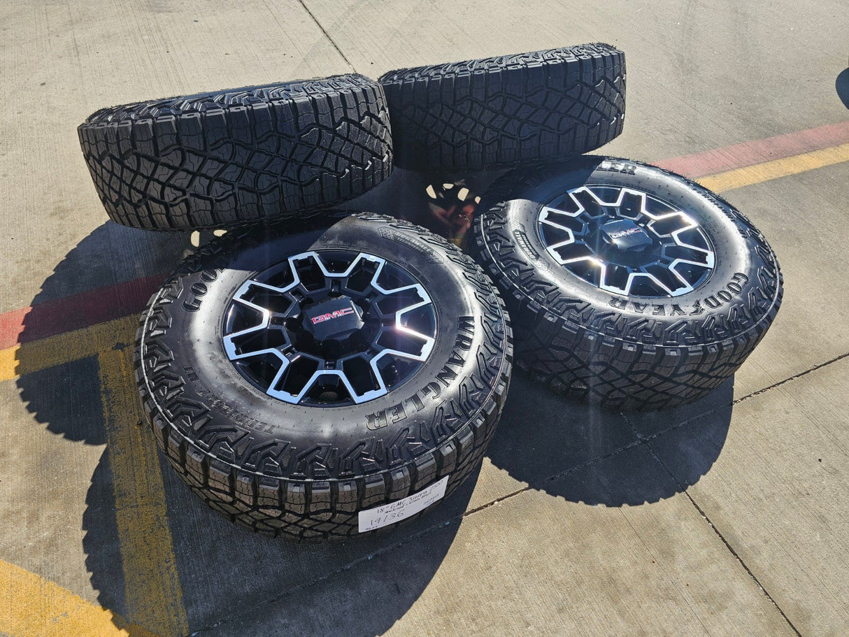 18" GMC Sierra AT4X Chevy Trail Boss 2500 OEM 14136 wheels rims GOODYEAR 35" NEW Texas Truck Tire