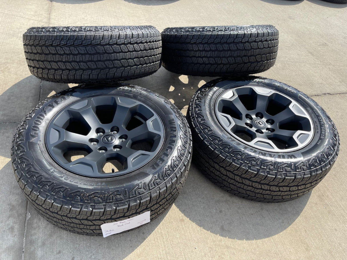 20" Dodge Ram 1500 OEM Laramie Black 2680 wheels rims 2025 2026 GOODYEAR NEW Texas Truck Tire