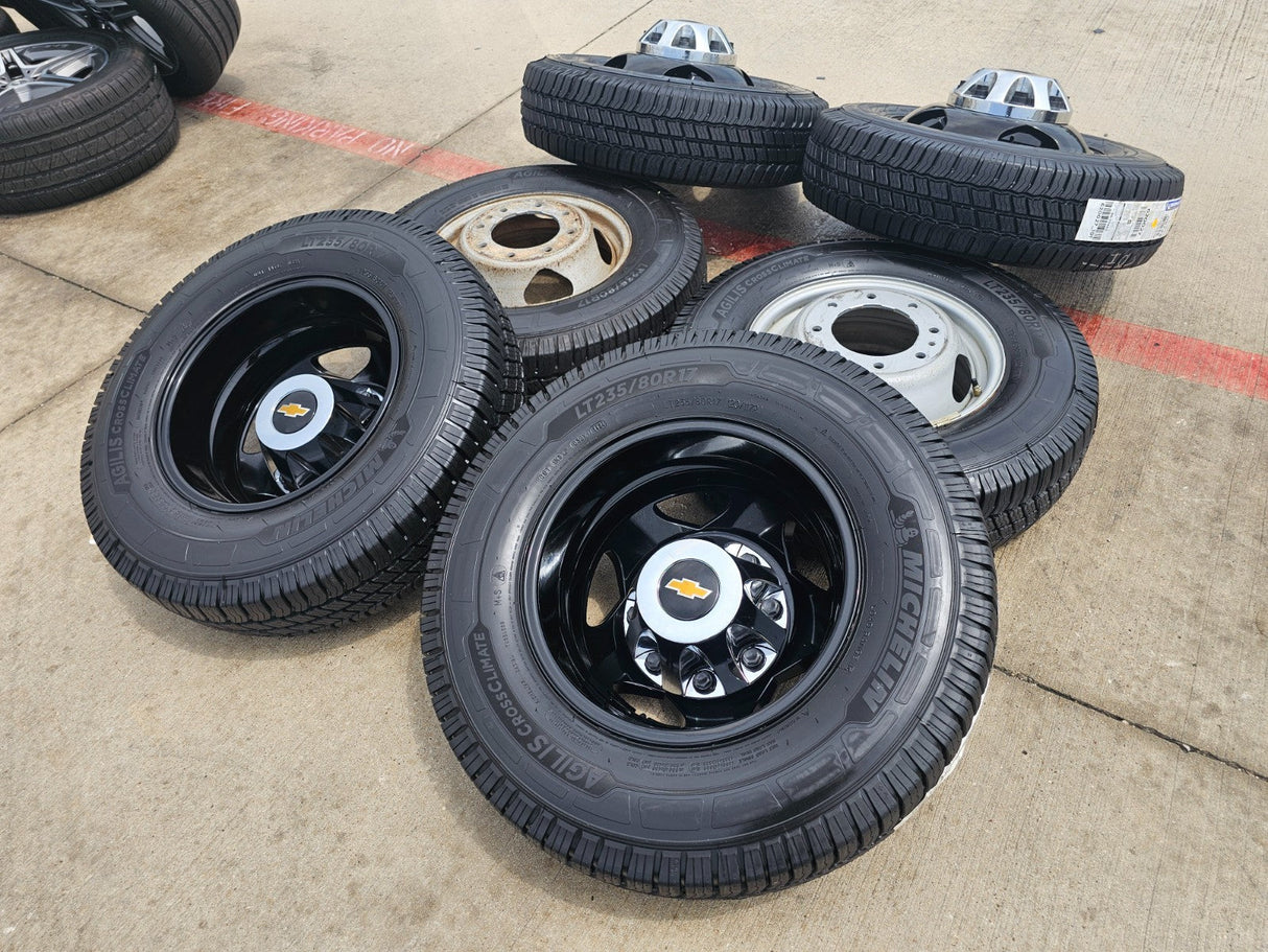 17" Chevy Silverado GMC Sierra 3500 Black Dually rims wheels OEM 5519 5520 NEW Texas Truck Tire