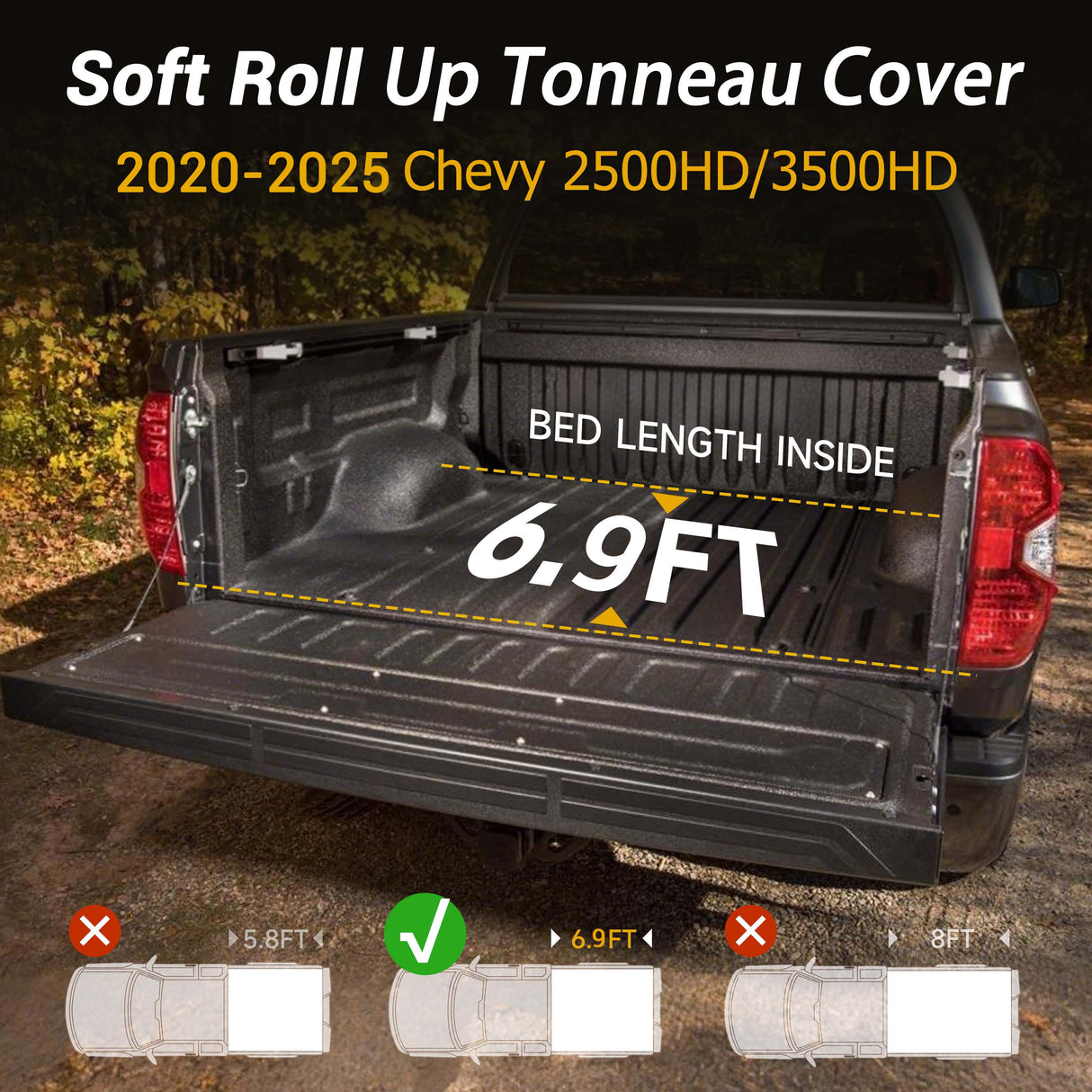 Trucktok 2020-2025 Chevy Silverado Sierra 6.9FT Soft Roll Up Tonneau Cover Bed TruckTok