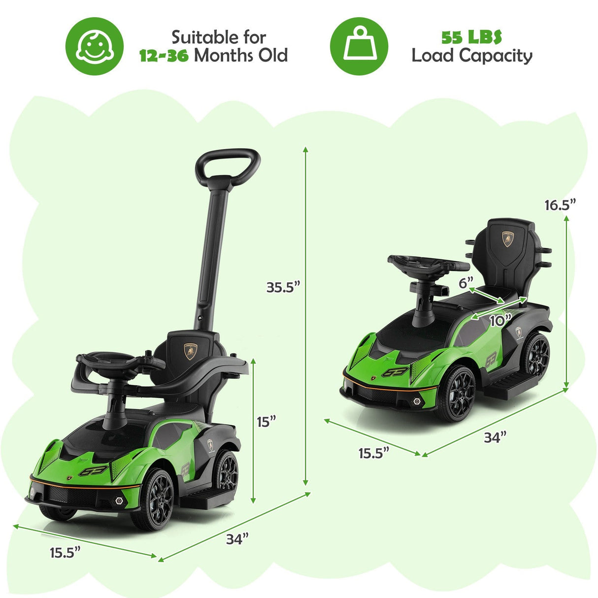 3-in-1 Licensed Lamborghini Ride-On Push Stroller Car with Sound Green