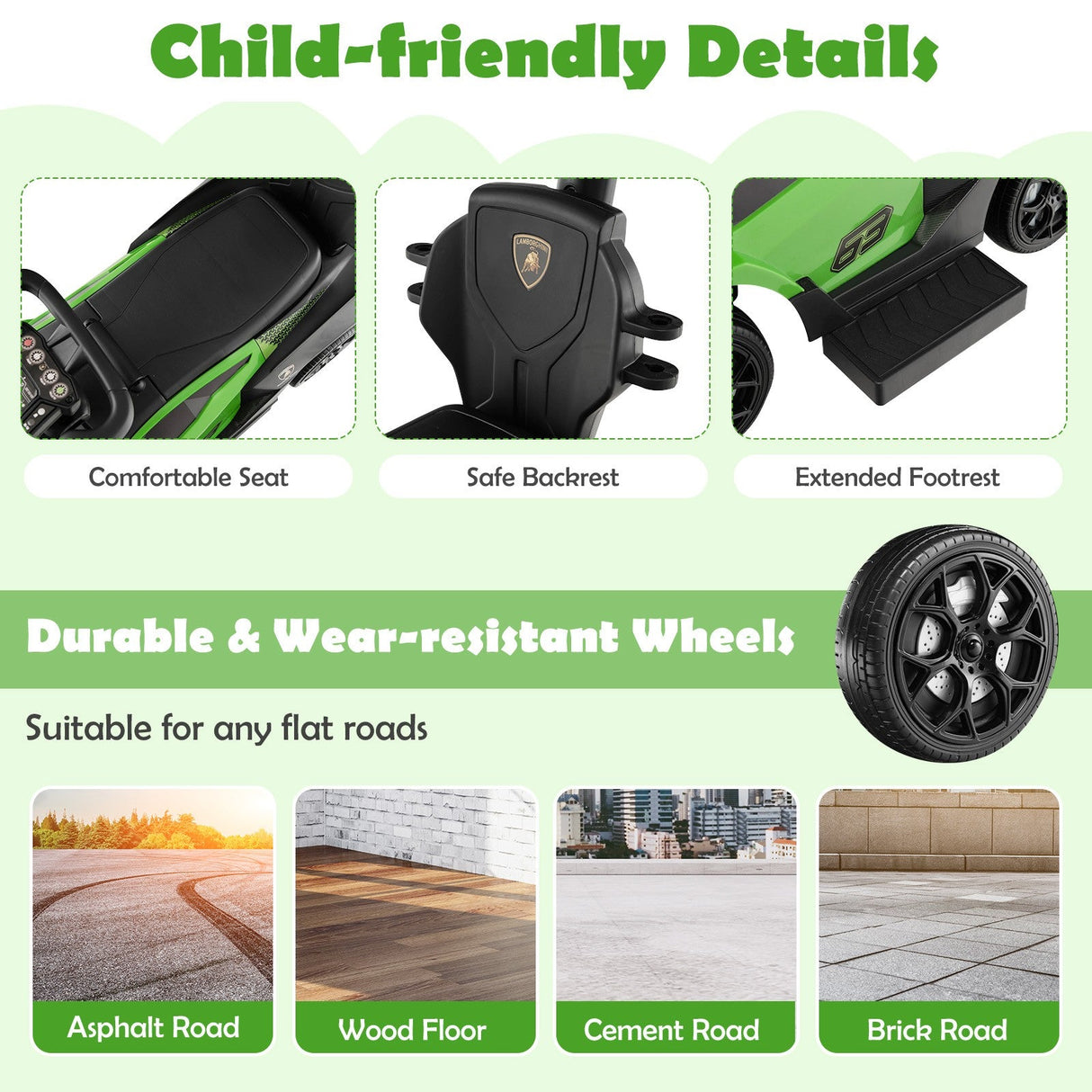 3-in-1 Licensed Lamborghini Ride-On Push Stroller Car with Sound Green