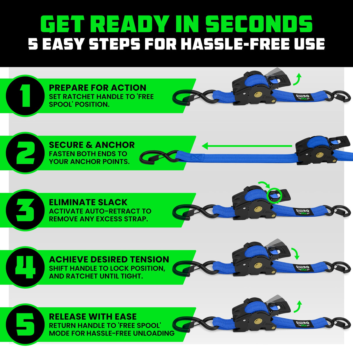 1" x 10' Retractable Ratchet Straps