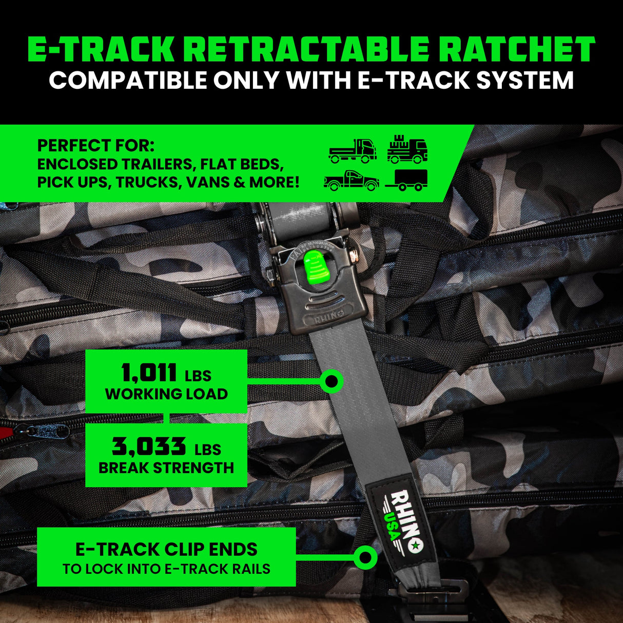 2" x 10' Retractable E-Track Ratchet Straps