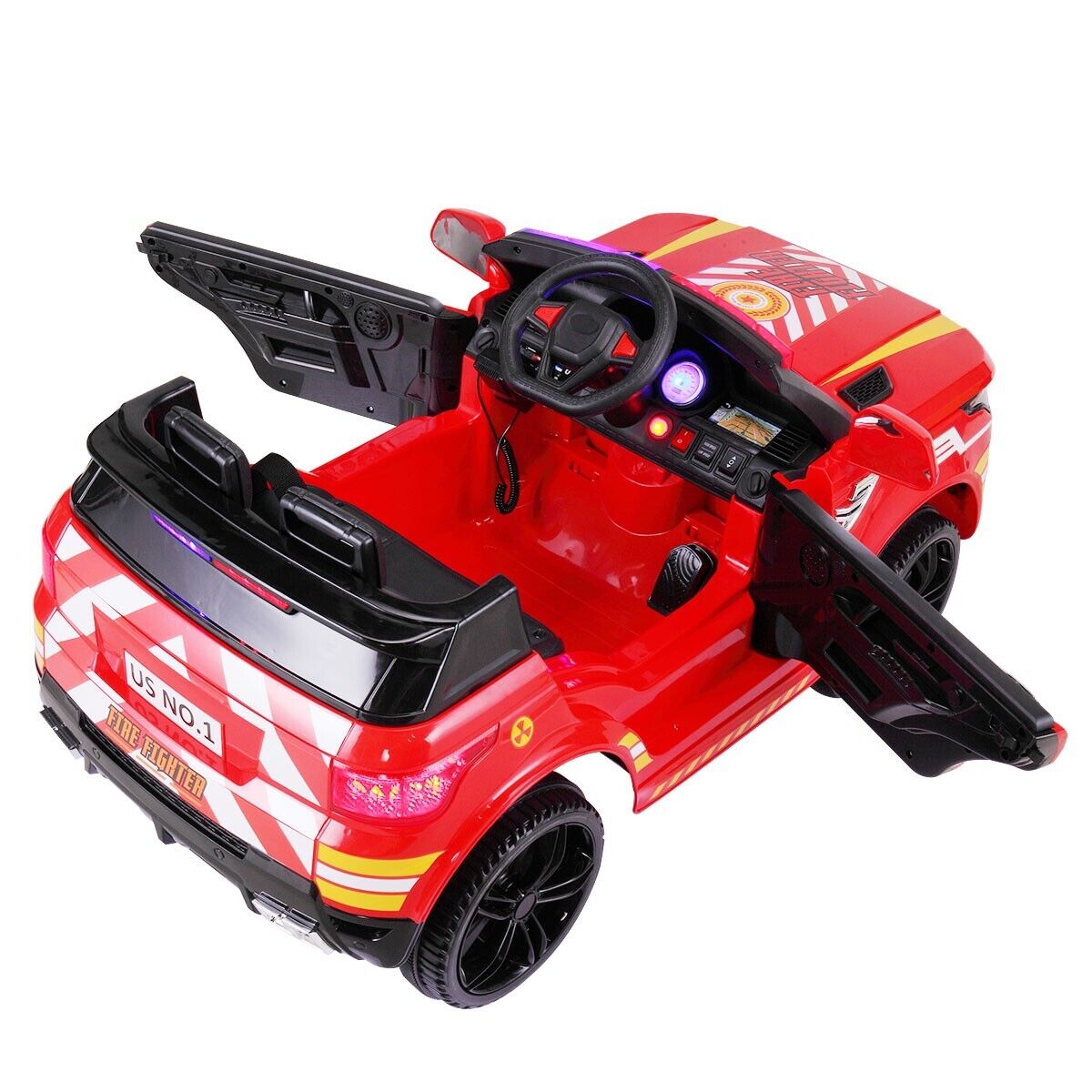 TOBBI 12V Electric Fire Truck Kids Ride-On Police Car with Megaphone, Remote Control, and Lights