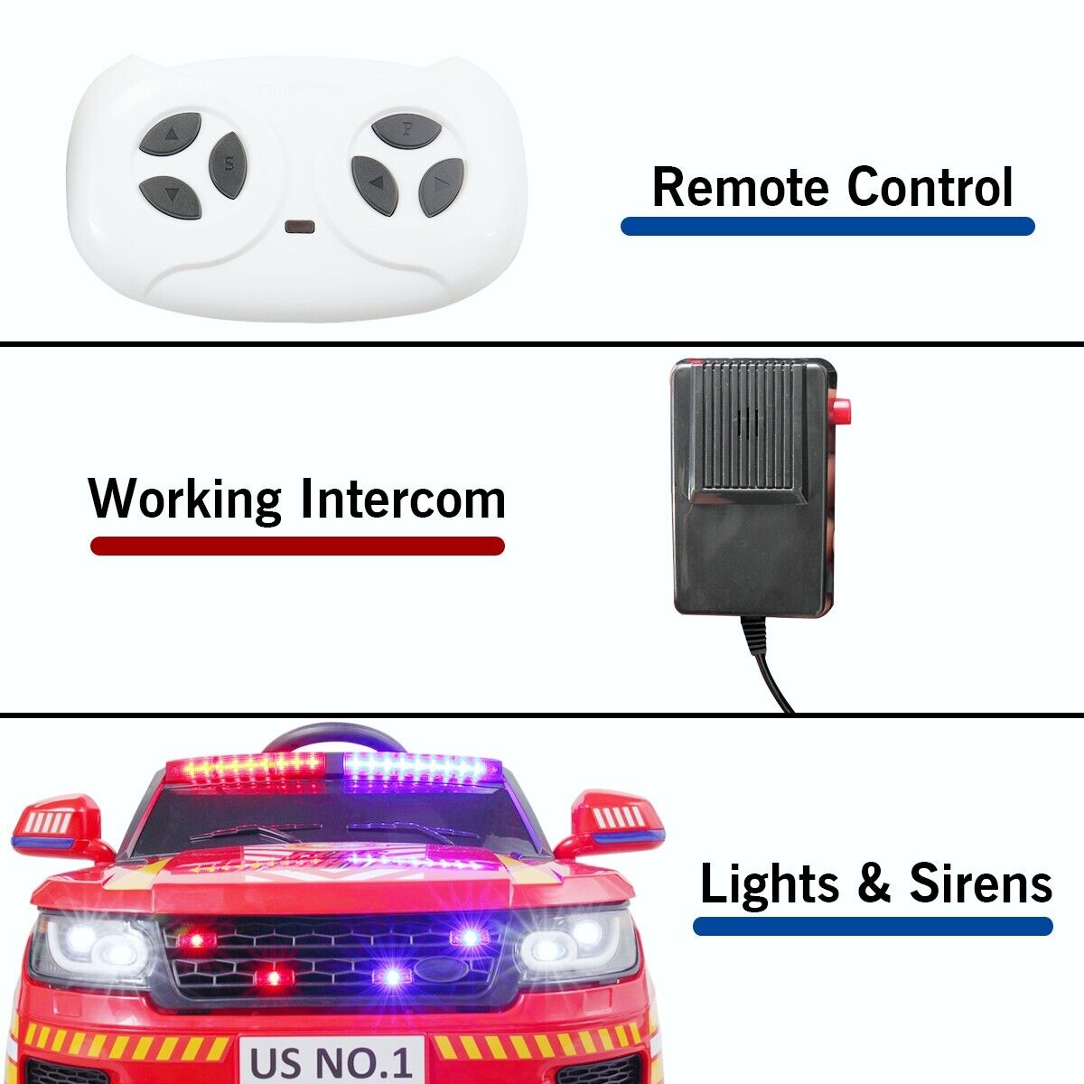 TOBBI 12V Electric Fire Truck Kids Ride-On Police Car with Megaphone, Remote Control, and Lights