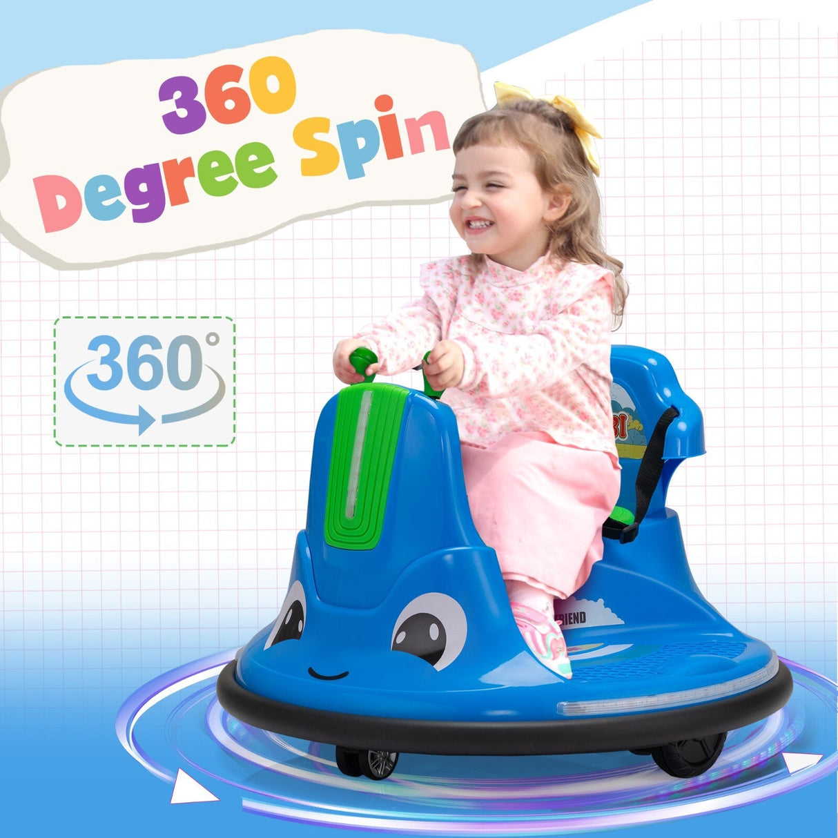 12V Ride-On Bumper Car with 360° Spinning, Remote Control, Dual Motors, and LED Lights