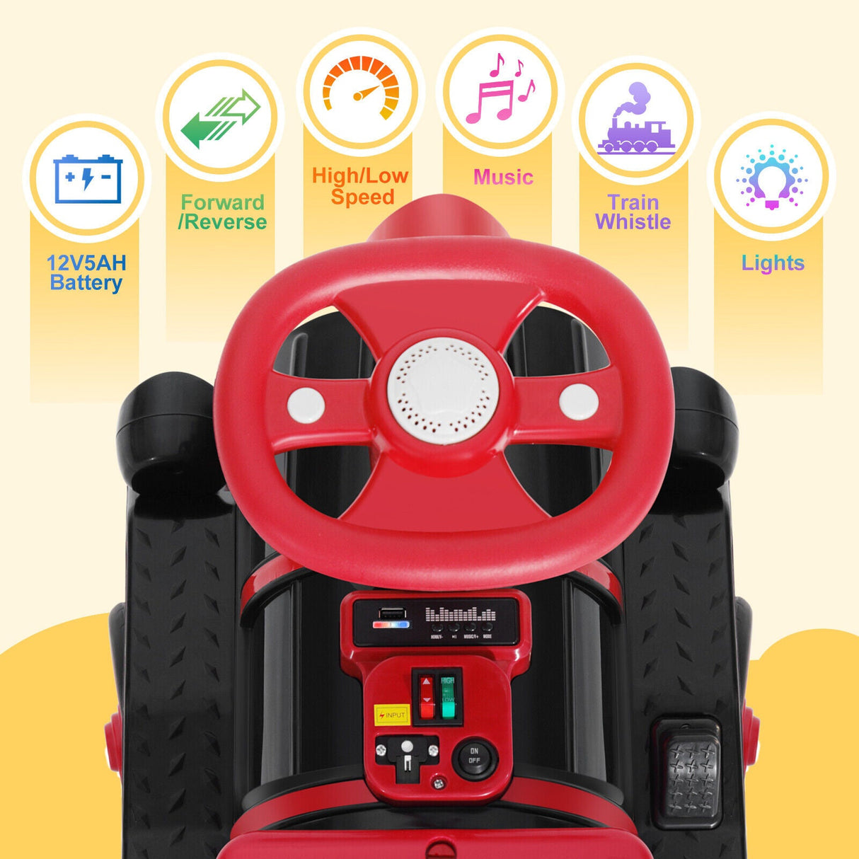 12V Two-Seater Electric Ride-On Train for Kids with Music and Lights, Red/Blue
