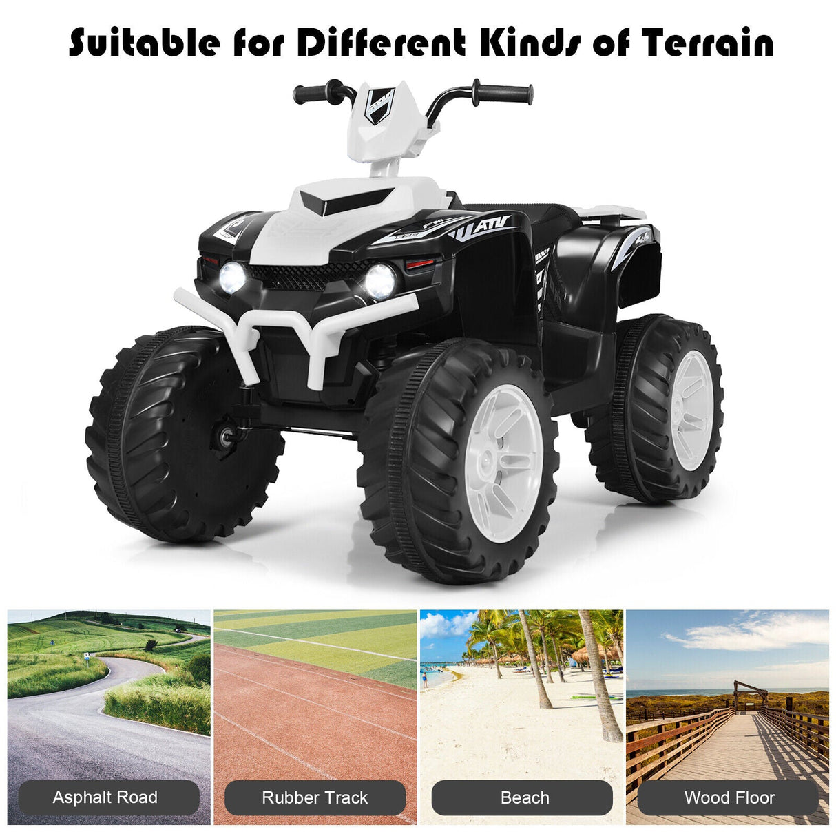 White 12V Kids ATV Quad Ride On Car with LED Light and Music Toy