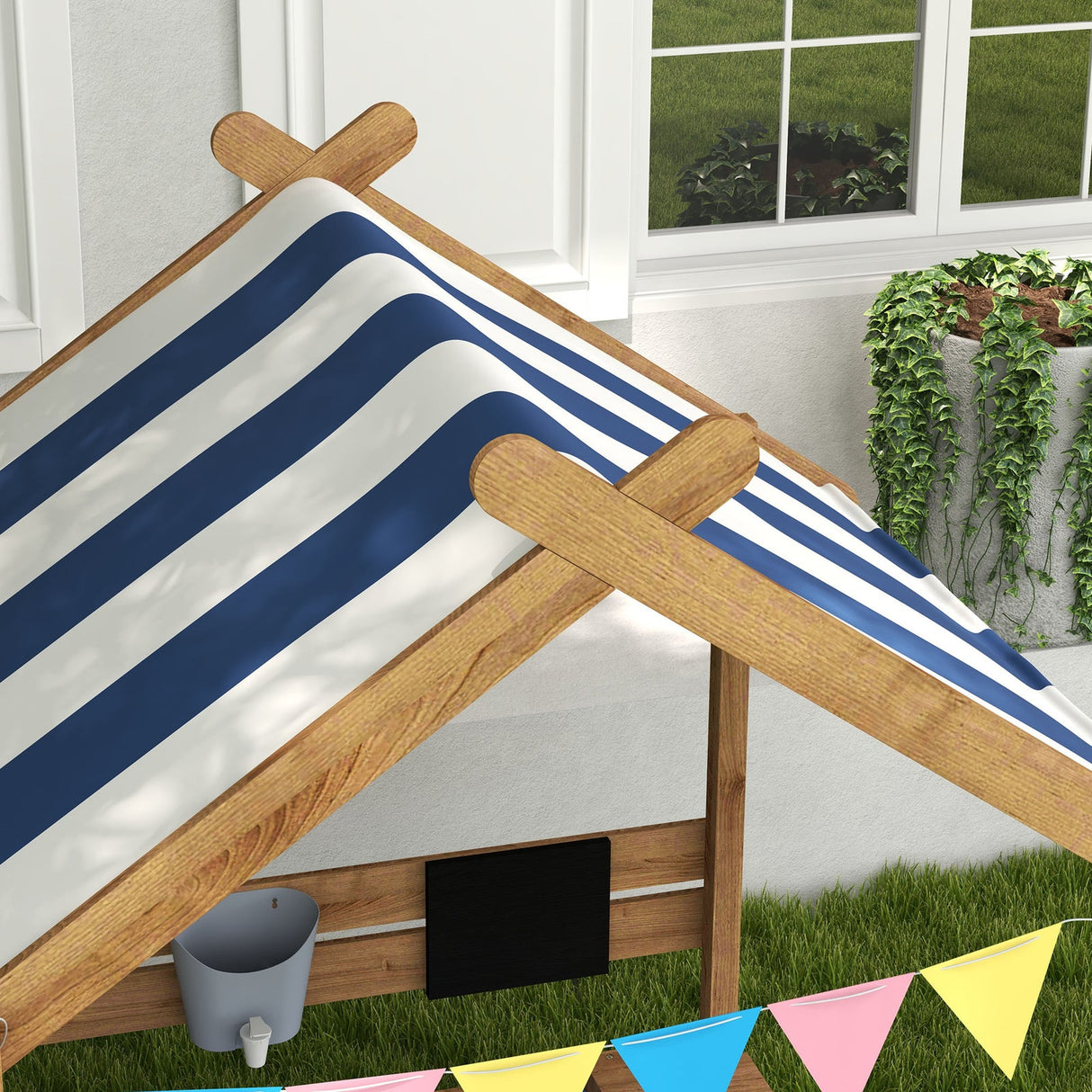 Wooden Sandbox with Canopy and Playhouse Design for Ages 3-7, Brown