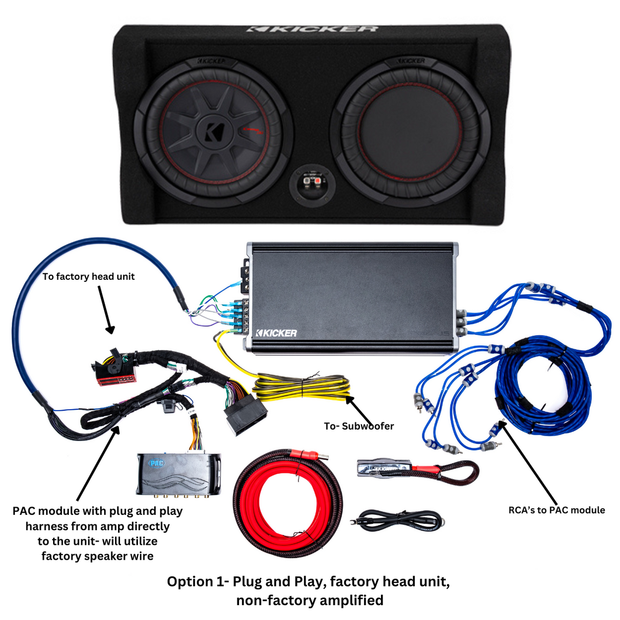 Kicker Plug & Play Full System 5 Channel Amplifier and Subwoofer Bundle | '18- '23 JL Wrangler/ '20- '23 JT Gladiator