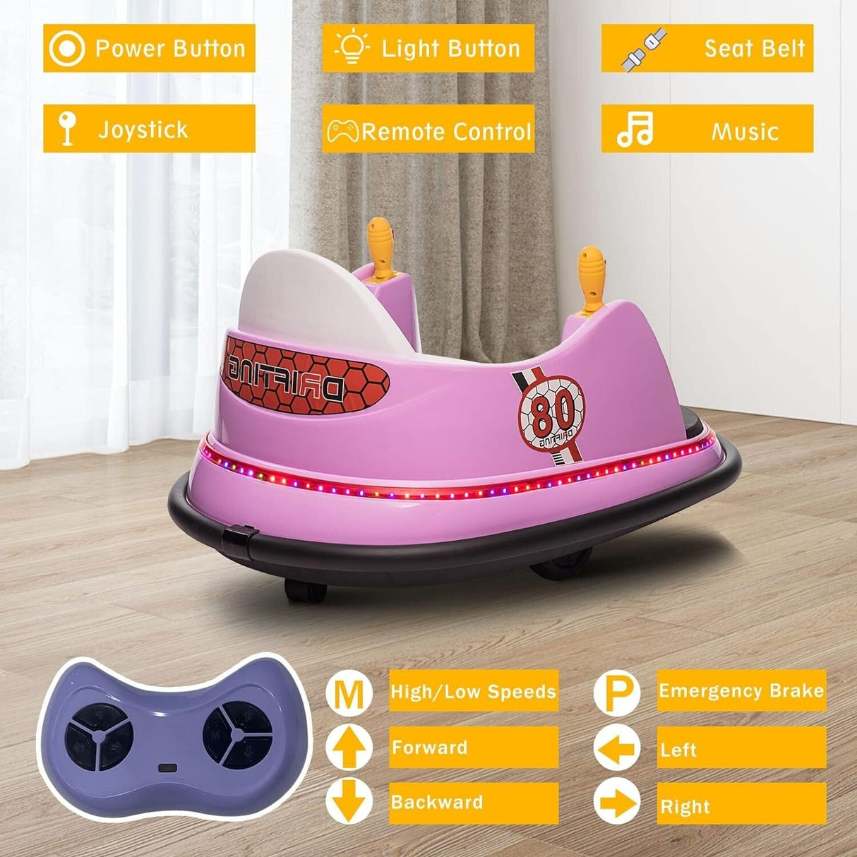 12V Kids Ride-On Bumper Car with Remote Control, 360° Spin and Flashing Lights for Toddlers